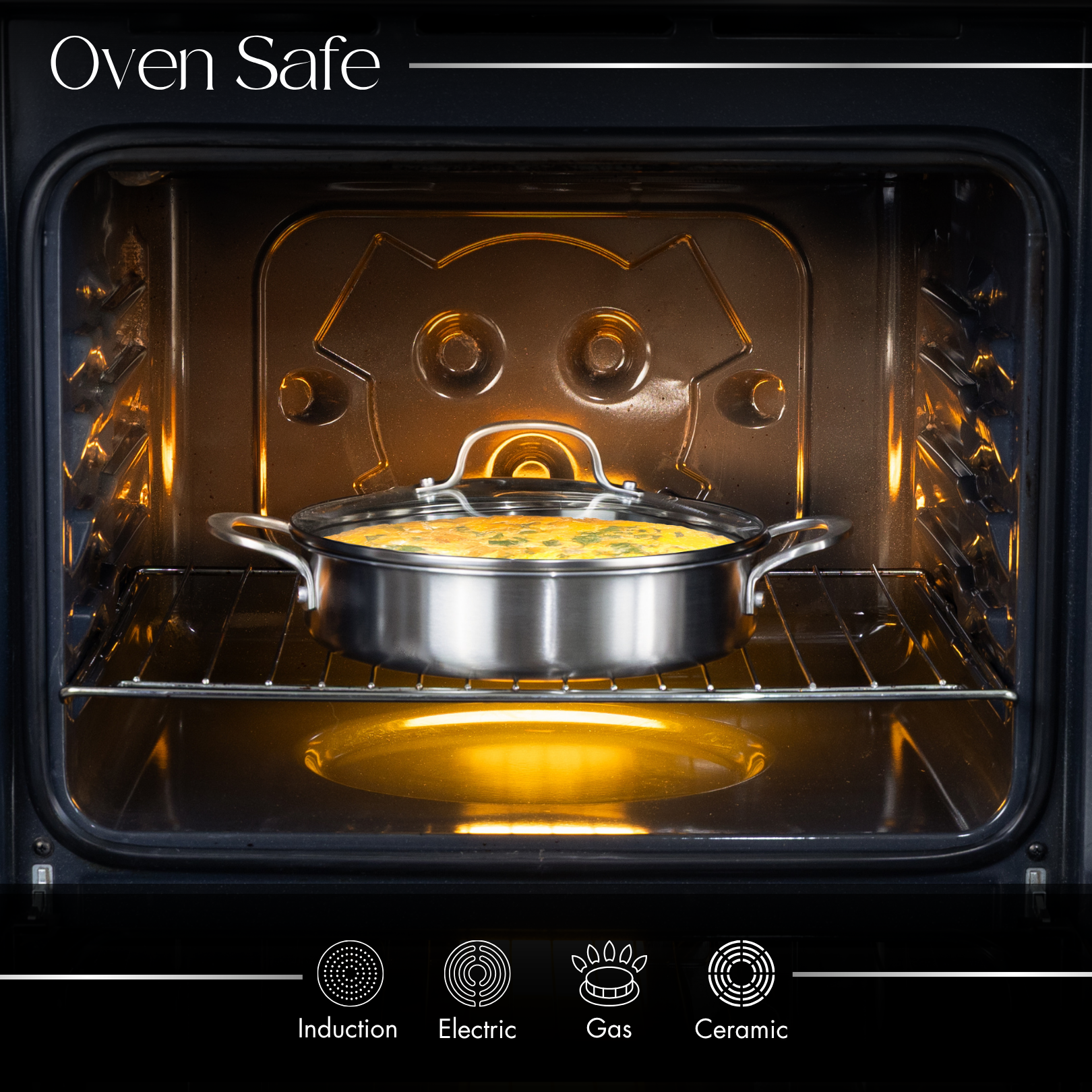Oven safe pan with glass lid, stainless steel cookware for induction hob and all stovetops.