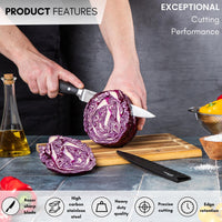 High carbon stainless steel kitchen knife with protective sheath and edge retention for exceptional cutting performance.