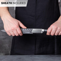 Nuovva stainless steel filleting knife with protective sheath included.