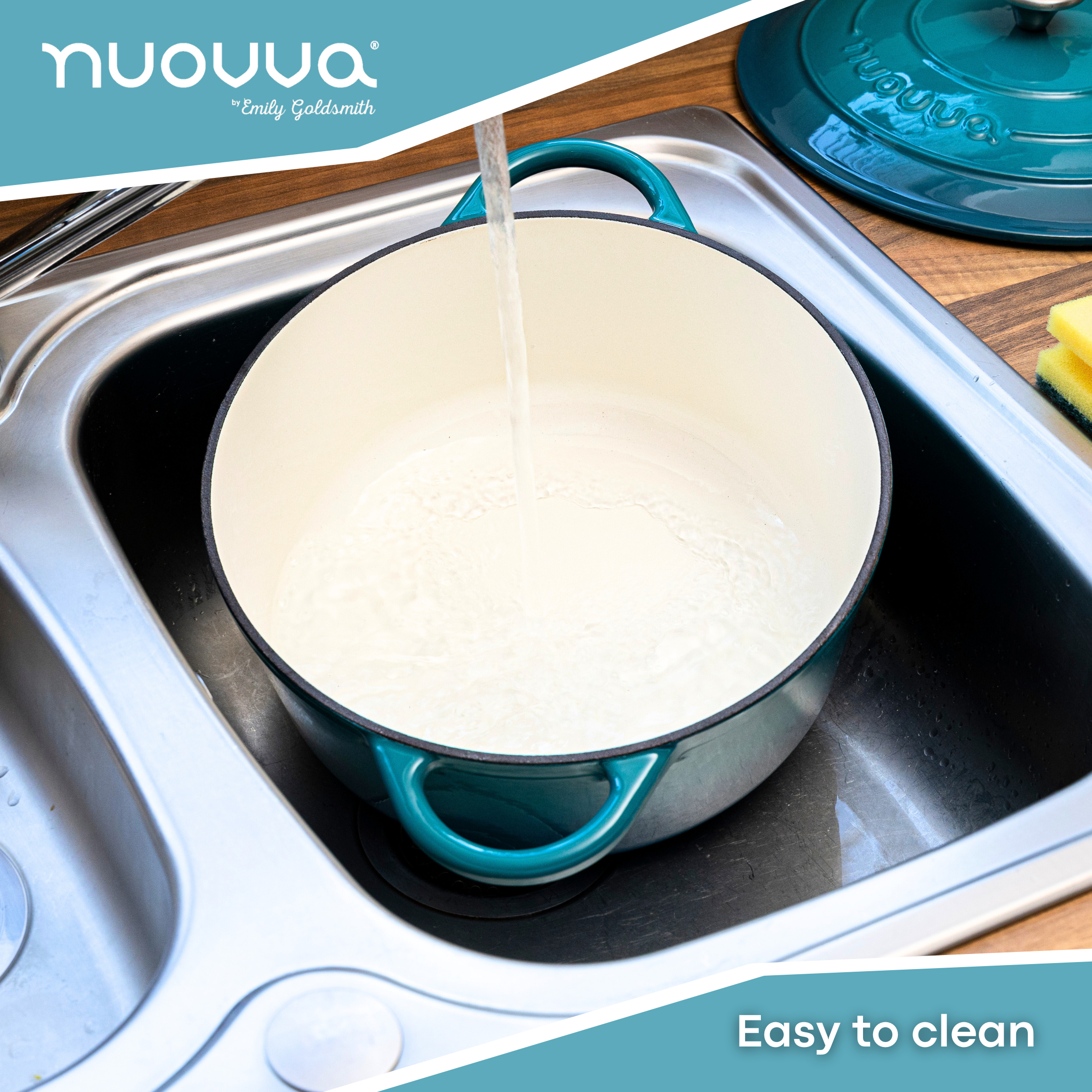 Nuovva easy to clean teal Dutch oven with lid and white interior.