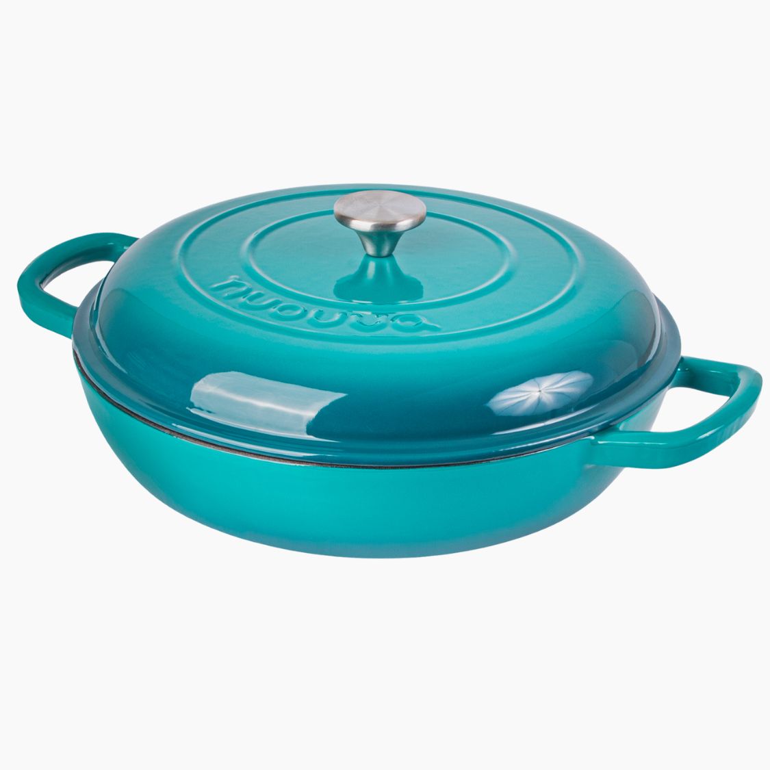 Nuovva teal shallow cast iron casserole pot with lid