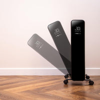 Touchscreen oil-filled radiator heater with 90 degree oscillation and anti-tip safety feature.