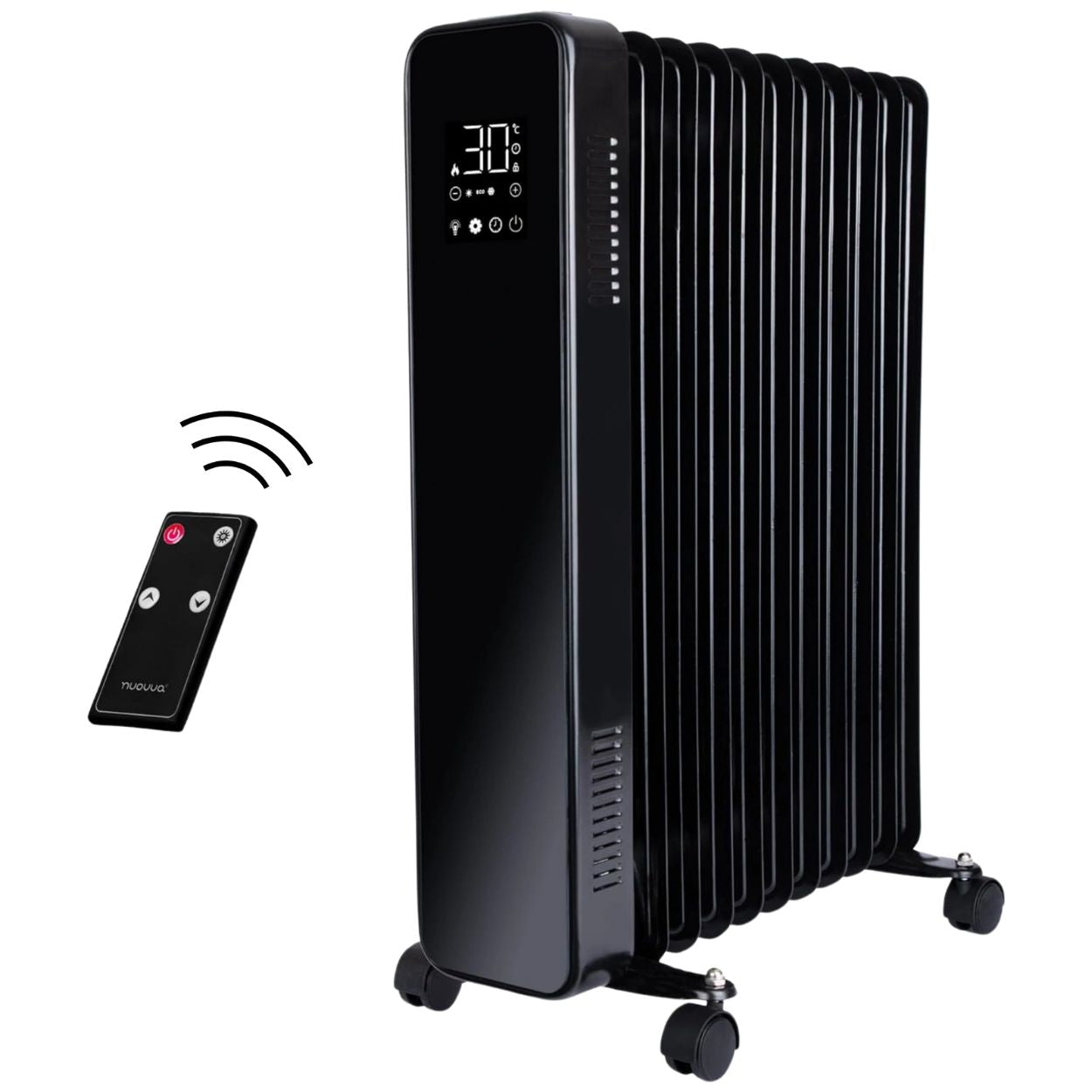 Black electric radiator with digital display, remote control and wheels.