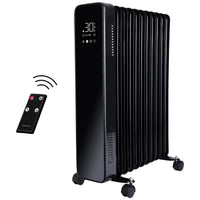 Black electric radiator with digital display, remote control and wheels.