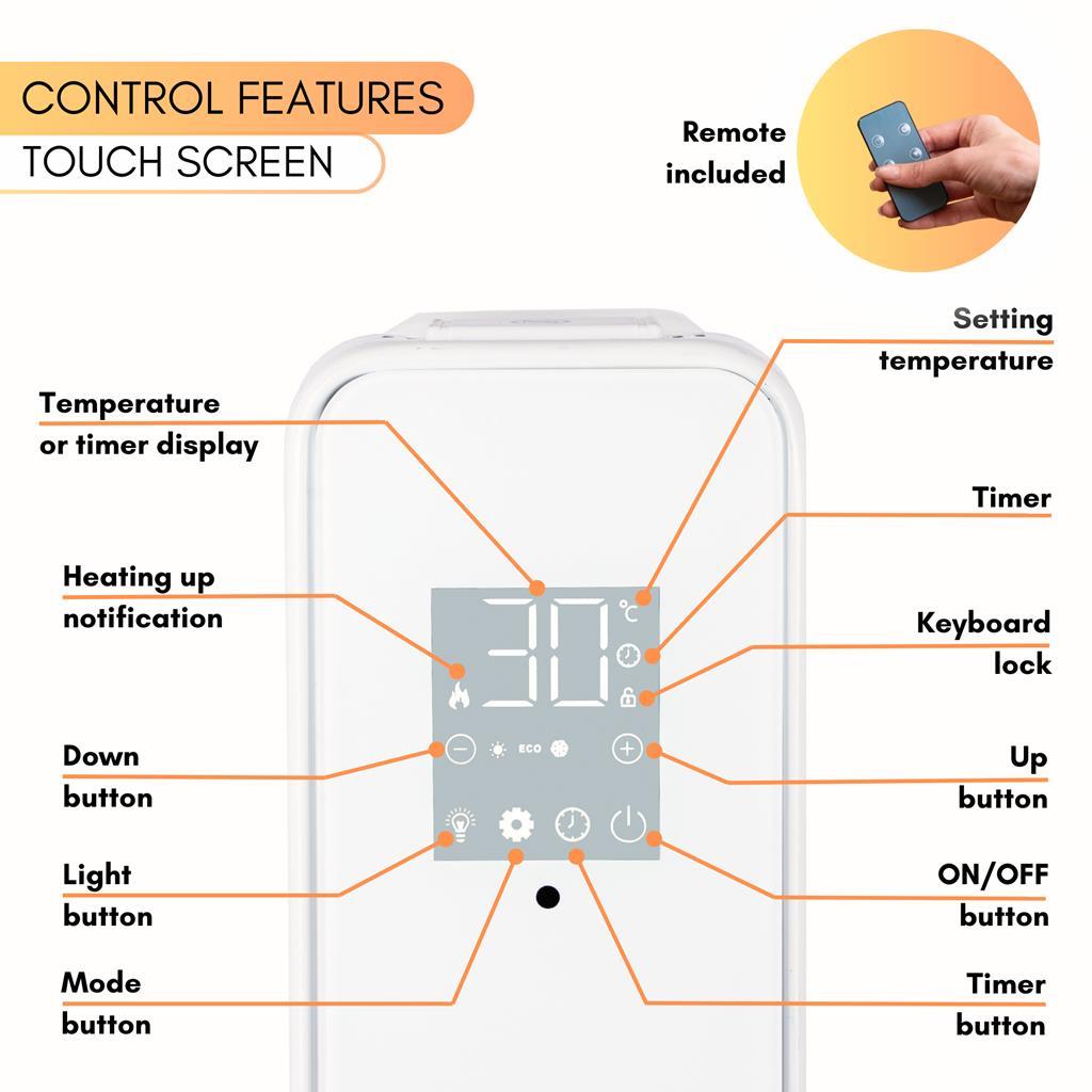Touchscreen radiator heater with control features including remote control, timer, temperature control and more.
