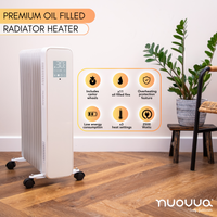 Premium oil-filled radiator heater with castor wheels or portable heating with 3 heat settings, 11 oil filled fins and 2500w