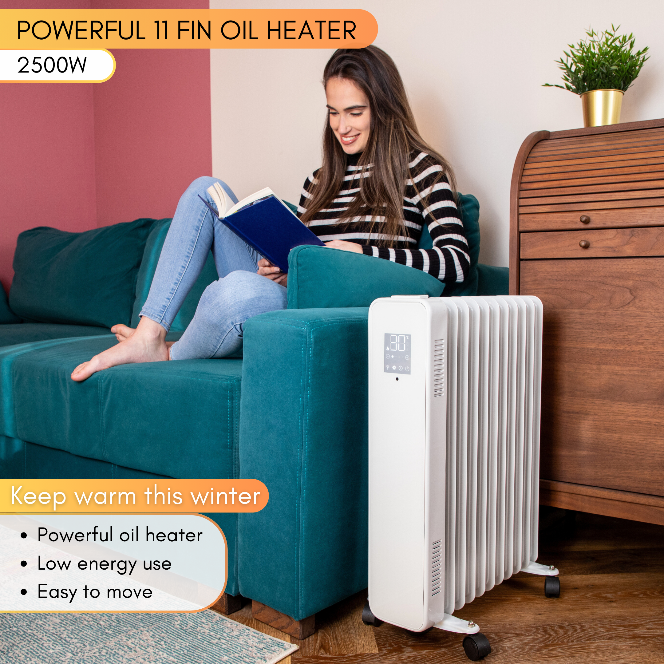 powerful 11 fin heater with digital display and wheels for easy to move portable heating