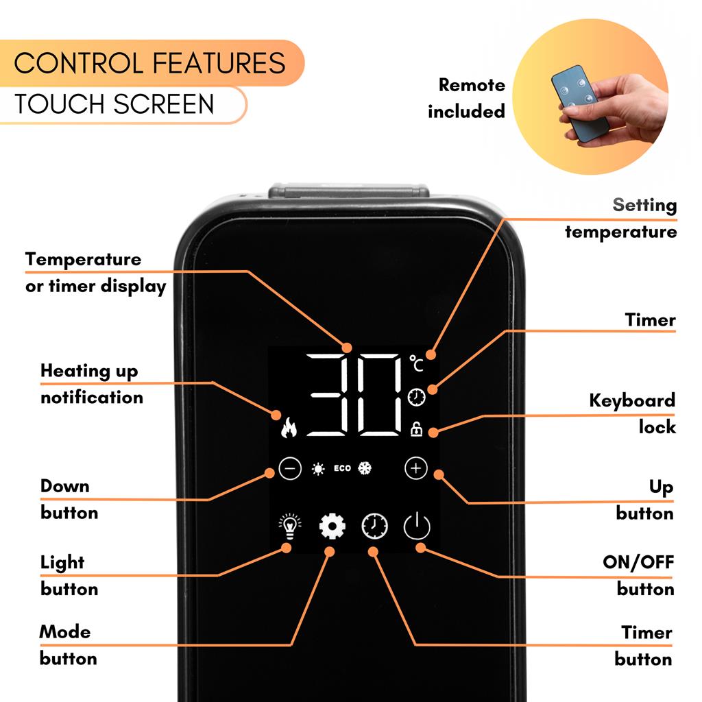 Touch screen radiator heater with remote control and digital display for temperature setting, timer, heating mode and more.