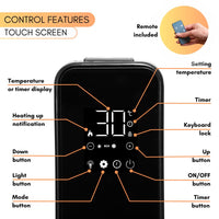 Touch screen radiator heater with remote control and digital display for temperature setting, timer, heating mode and more.