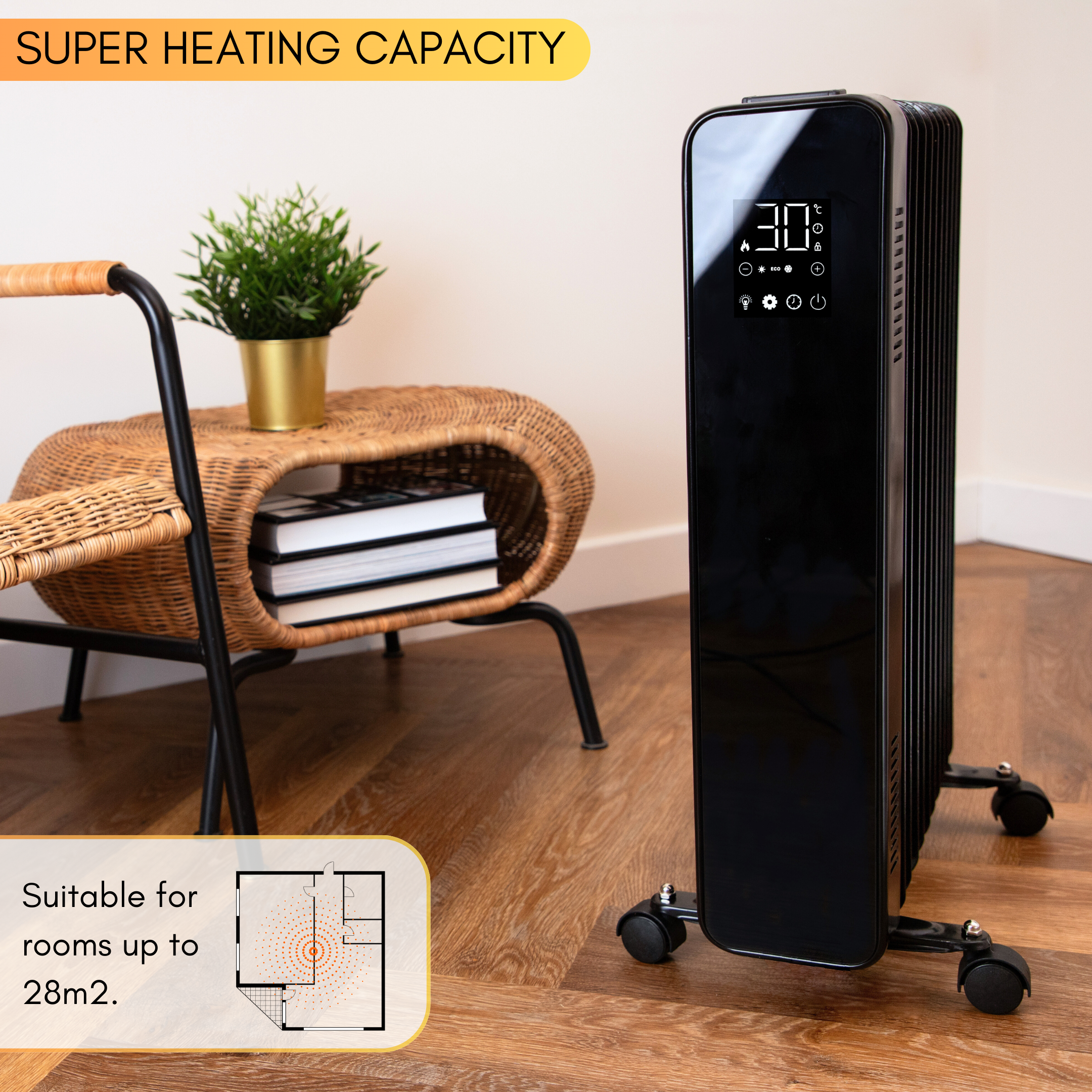 touchscreen portable heater with super heating capacity.