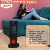 Ceramic tower heater with fireplace display for home heating in seconds with low energy consumption