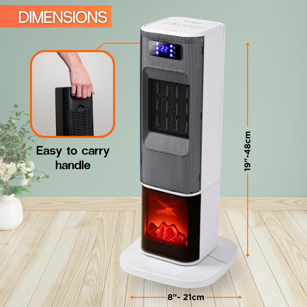 White Portable heater with digital display and dimensions indicated.