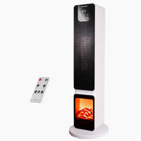 White tower heater with fireplace display, digital display and remote control