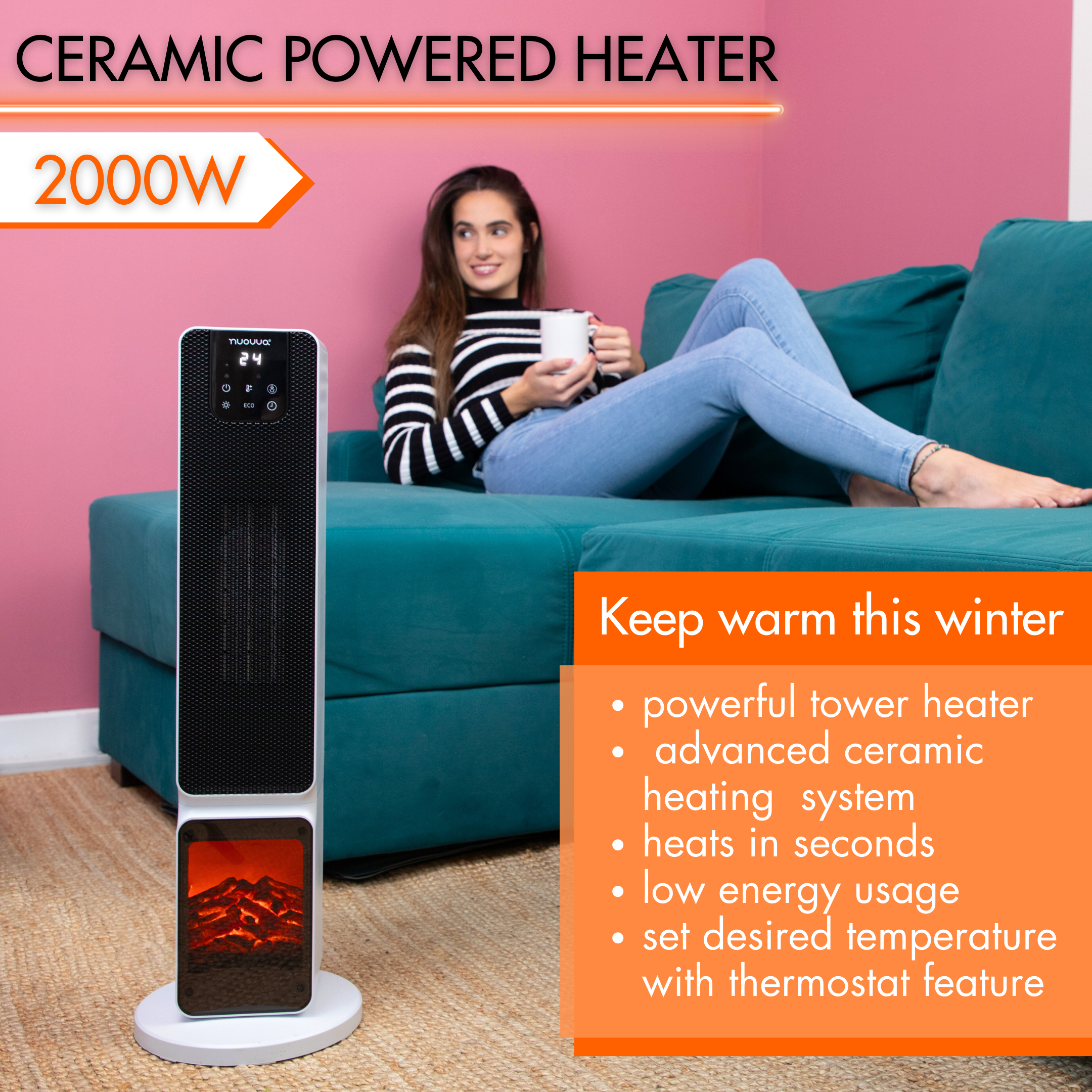White ceramic powered heater with low energy usage and fast and efficient home heating.