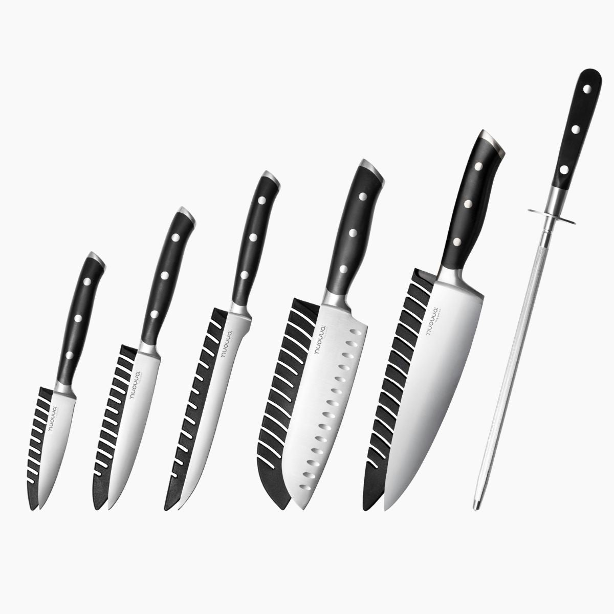 Nuovva high carbon stainless steel kitchen knife set includes knife sharpener, santoku knife, slicing knife, utility knife, paring knife, chefs knife