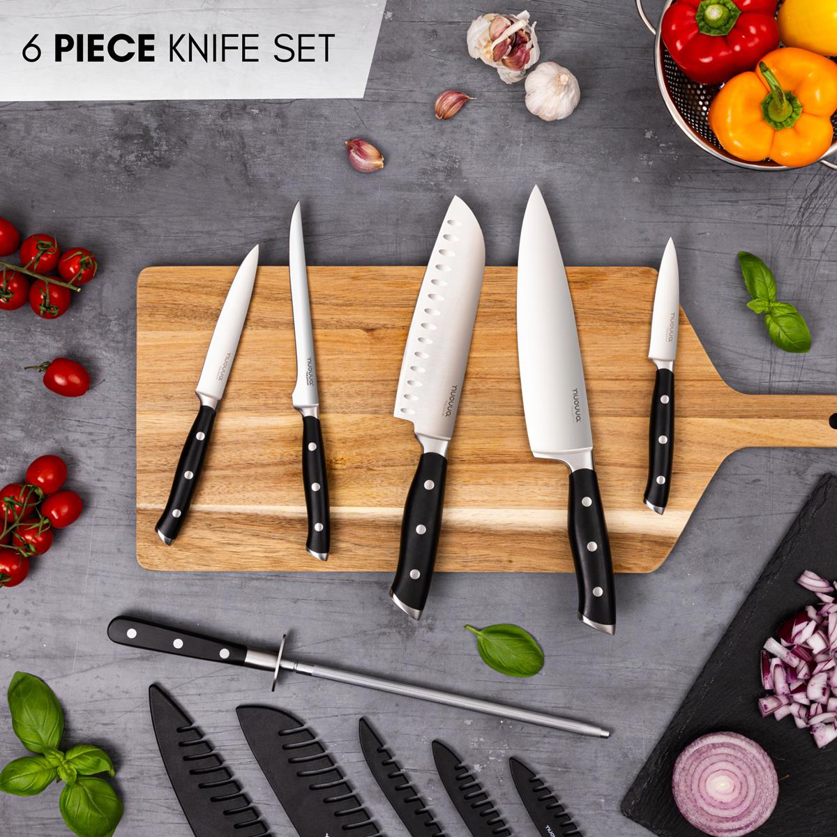 Nuovva 6-piece kitchen knife set stainless steel blade, knife sharpening rod and protective sheath.