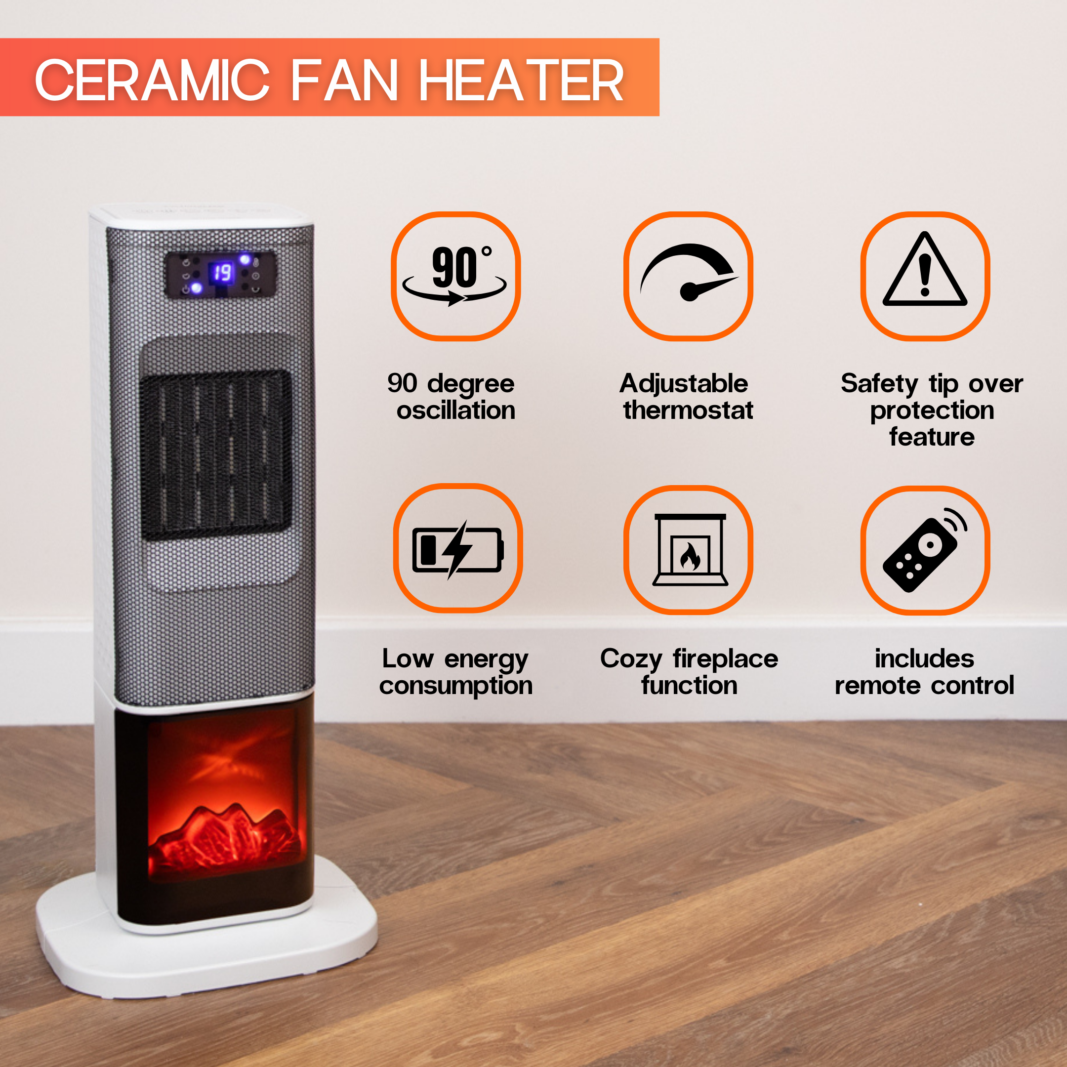 White ceramic fan heater with fireplace display, low energy consumption and remote control.