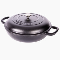 Nuovva shallow black casserole dish with lid for efficient cooking and cleaning.