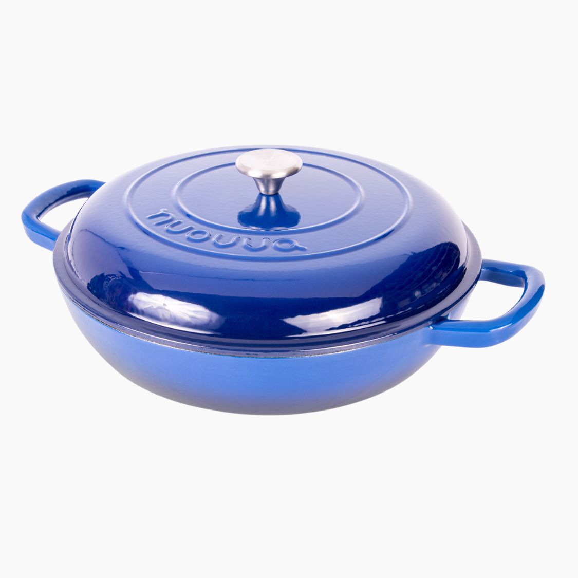 Nuovva dark blue shallow cast iron casserole pot with lid for oven safe cooking.