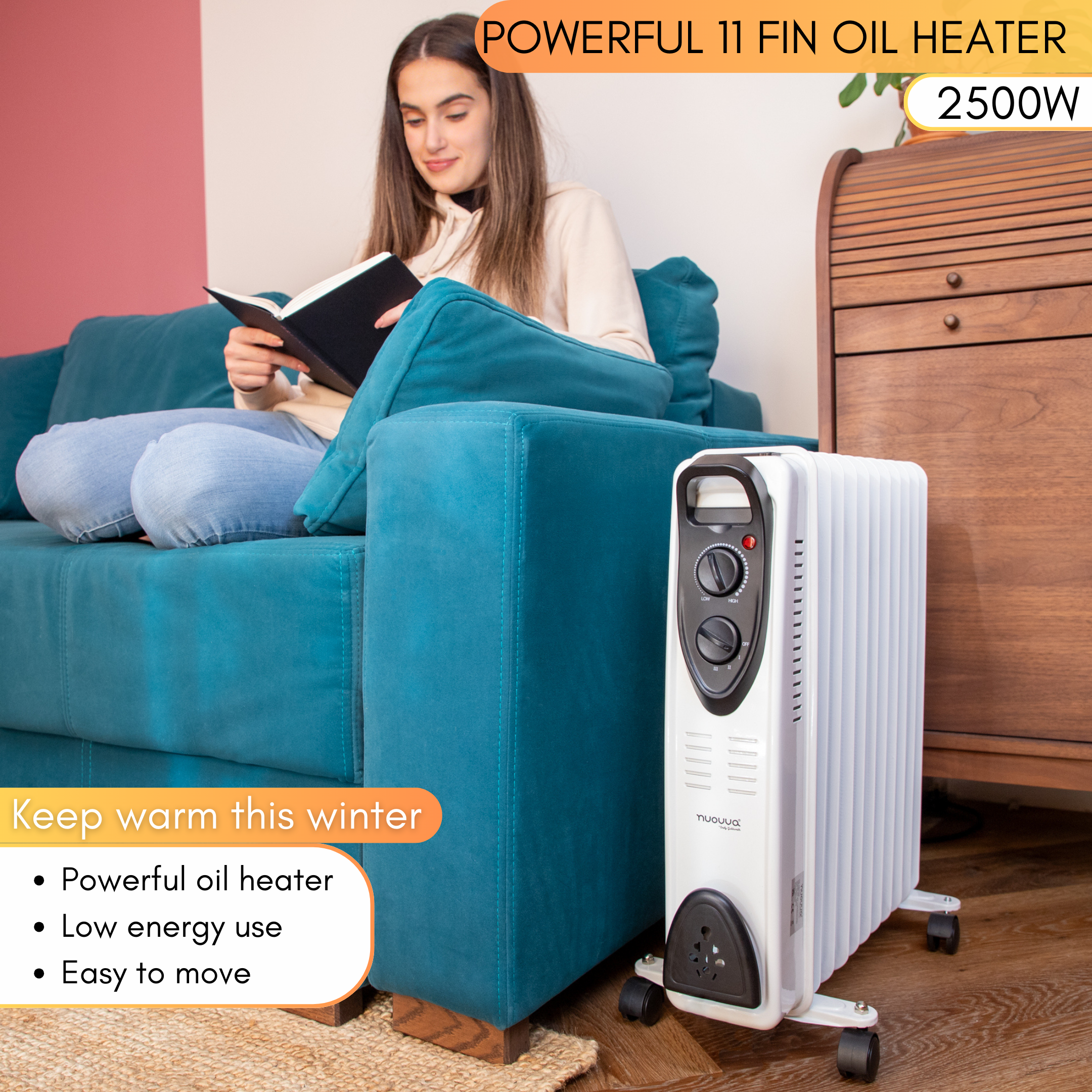 Oil-Filled Radiator - 2500W, 11 Fin, Adjustable Thermostat - White