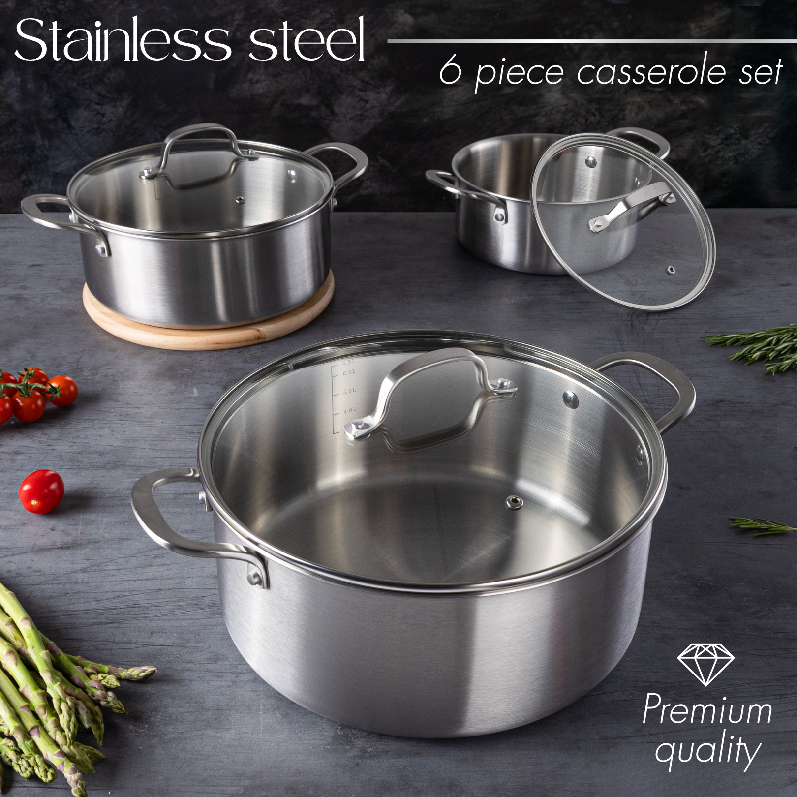 6-piece stainless steel casserole set with glass lids and riveted handles.