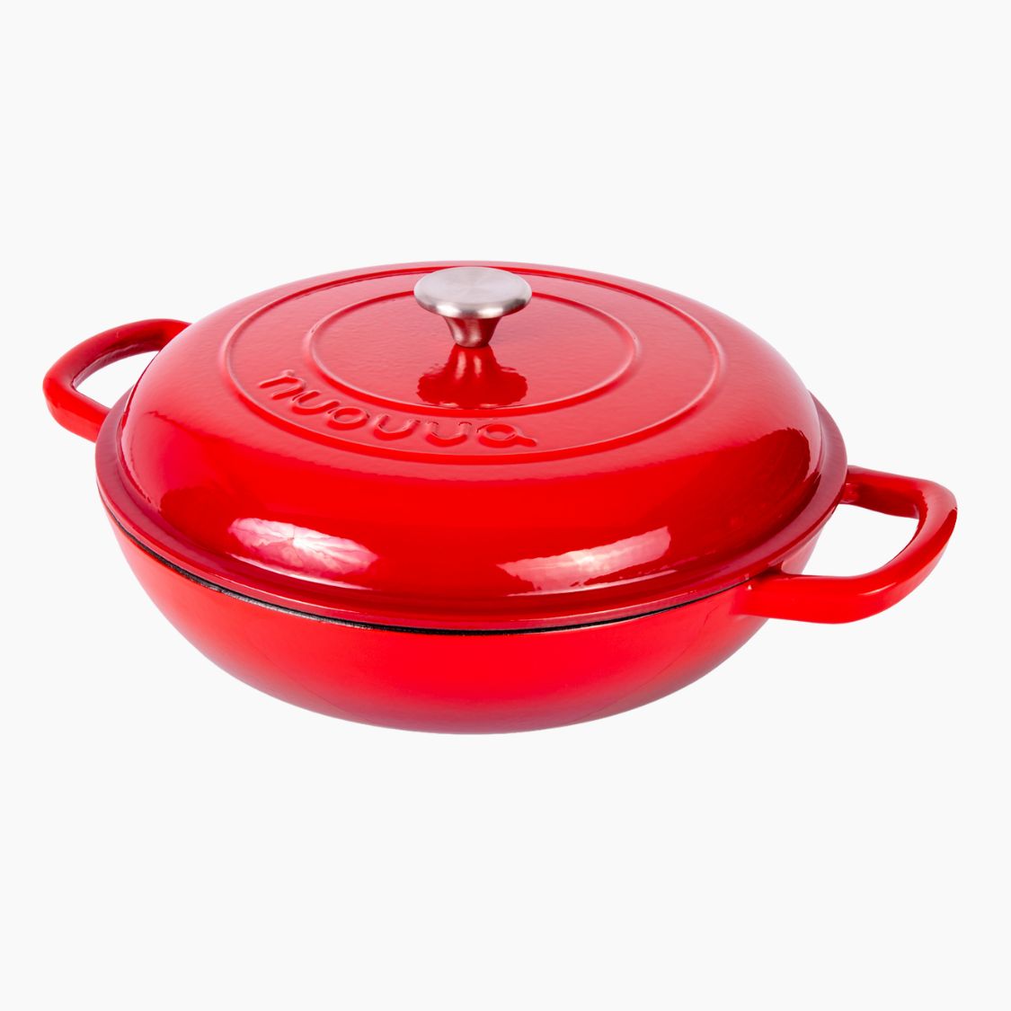 Red Shallow Cast Iron Casserole Pot with Lid , cooking pot for stove to oven cooking - compatible with all stovetops.