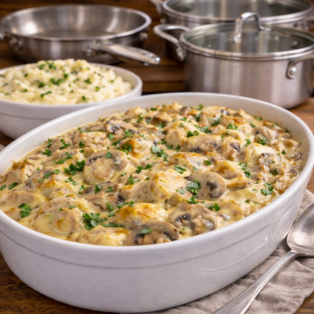 Creamy Chicken & Mushroom Casserole With Mashed Potatoes in the Stainless Steel Cookware Set