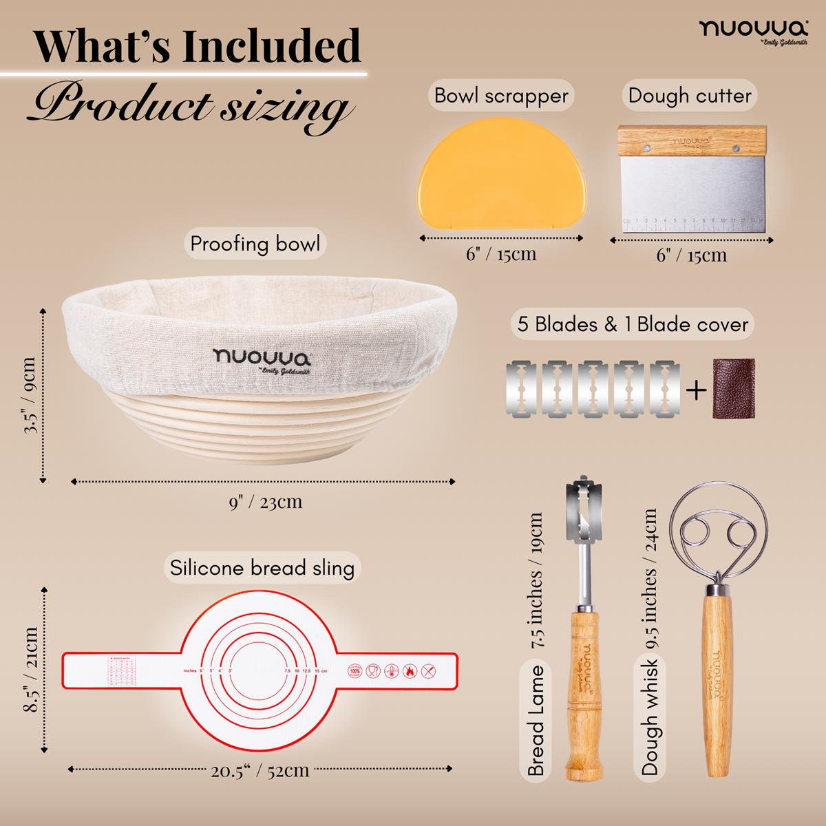 Nuovva bread baking kit includes a bowl scraper, dough cutter, proofing bowl and bread lame