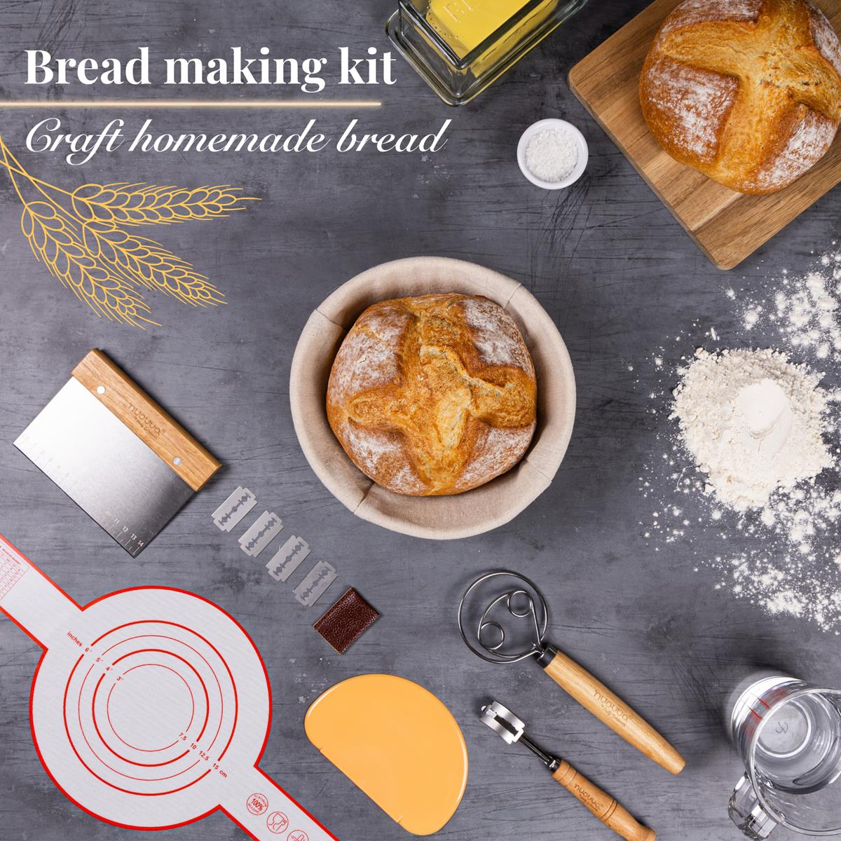 Bread making kit, lear to craft homemade bread with nuovva baking kit including bread basket and scourers