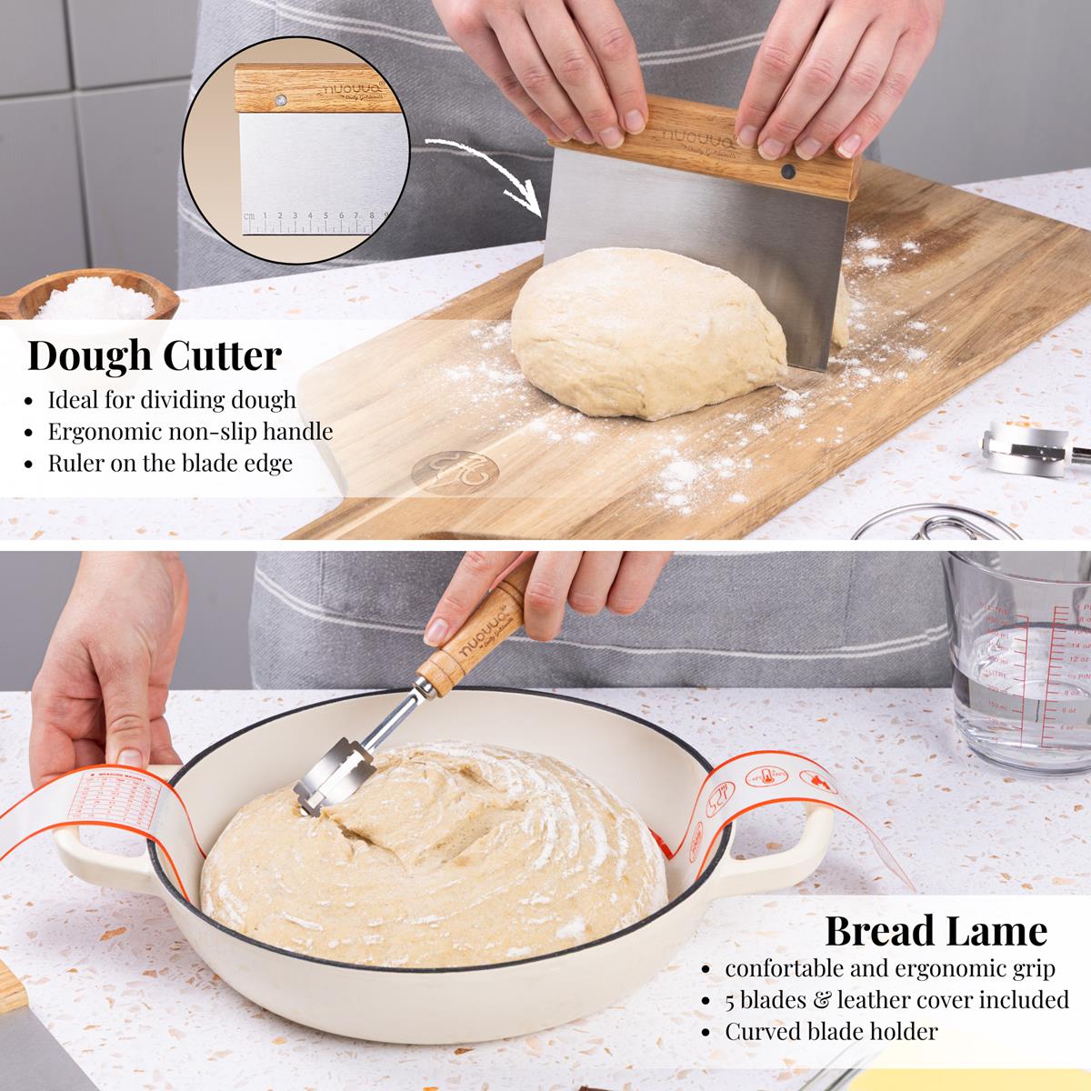 Nuovva sourdough bread baking kit includes a dough cutter and bread lame