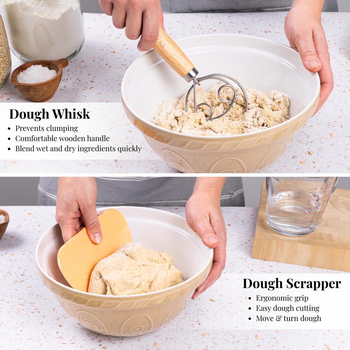 Nuovva bread baking kit includes a dough whisk and dough scraper for easy homemade bread baking. 