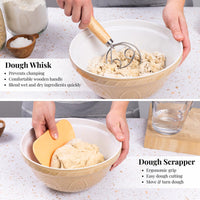 Nuovva bread baking kit includes a dough whisk and dough scraper for easy homemade bread baking. 
