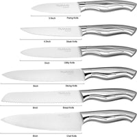 Nuovva set of kitchen knives includes stainless steel chefs knife, bread knife, slicing knife, utility knife, steak knife and paring knife. 