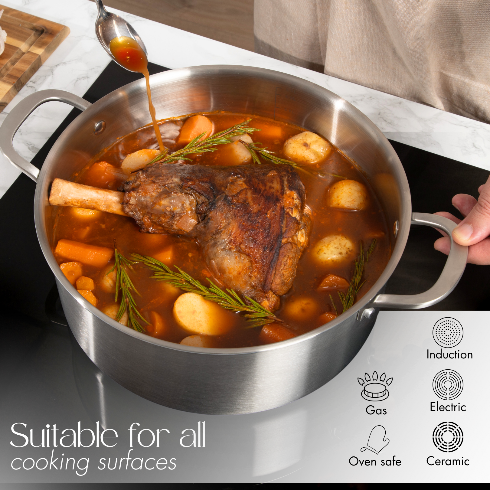 Oven-safe stainless steel stock pot, suitable cookware for all stove types