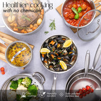 Healthier cooking with nuovva stainless steel chemical free cookware with no coating and naturally non-stick feature