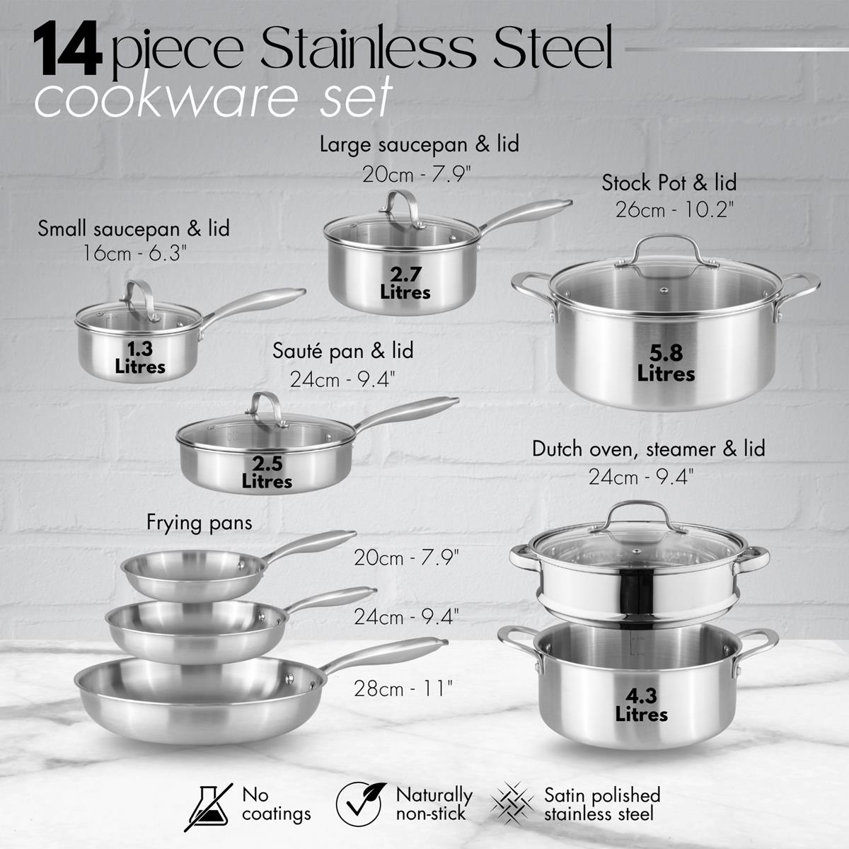 14-piece stainless steel cookware set including saucepans, frying pans, steamer, stockpot and saute pan - with dimensions and capacity