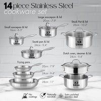 14-piece stainless steel cookware set including saucepans, frying pans, steamer, stockpot and saute pan - with dimensions and capacity