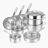14 pcs stainless steel cookware set inducing frying pans, saucepans, sauté pan, stock pots and Dutch ovens with steamer. 