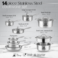 14pcs stainless steel cookware set includes 2x saucepans & lid, 3x frying pans, sauté pan & lid, stock pot & lid and Dutch oven with steamer & lid. 