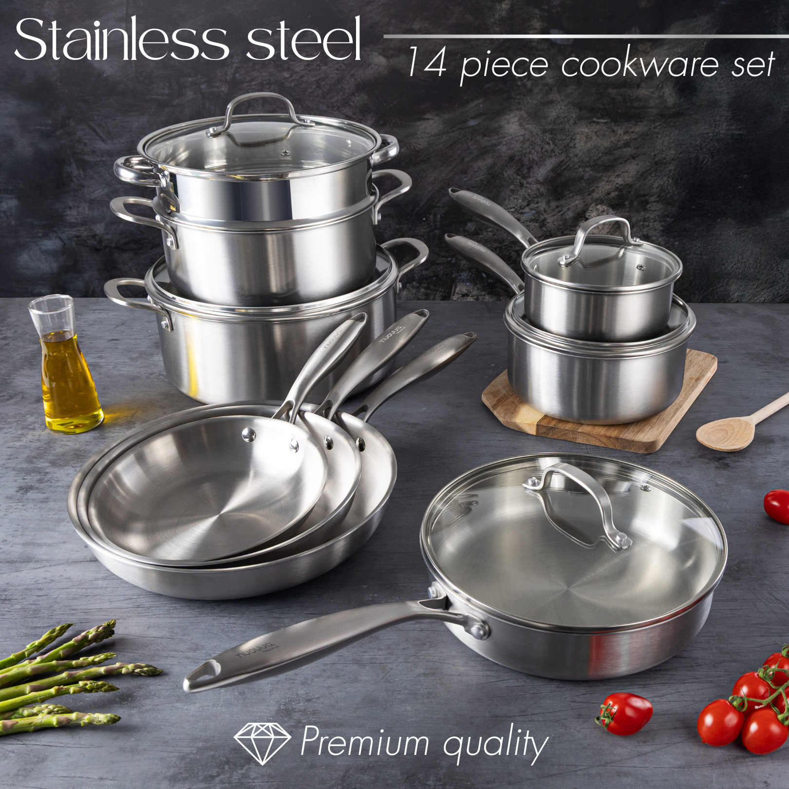 Premium quality stainless steel 14pcs cookware set includes pots, pans and more. 