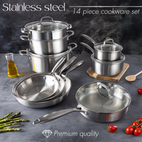 Premium quality stainless steel 14pcs cookware set includes pots, pans and more. 