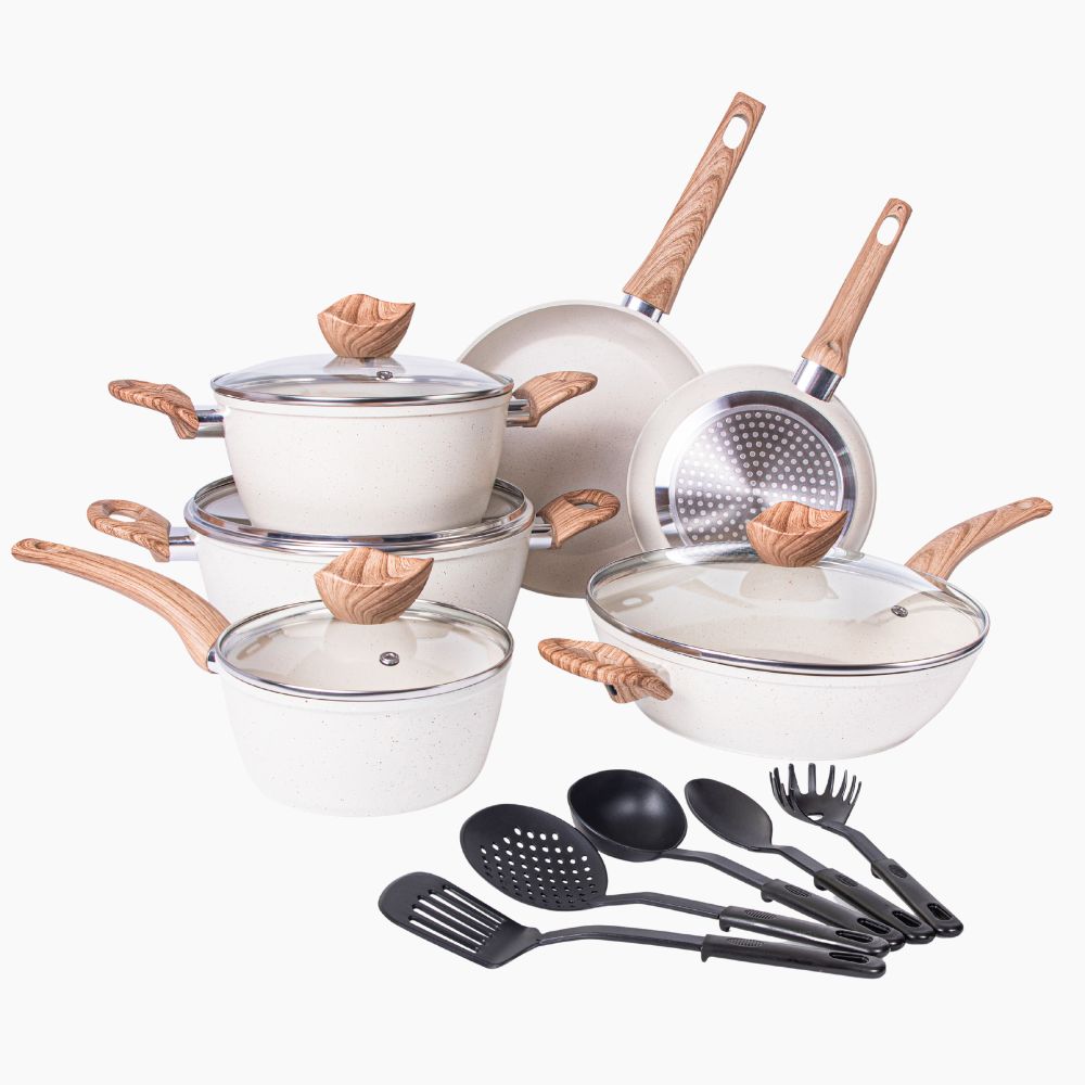 Cream  granite 15 piece induction cookware set with pots, pans and utensils including saucepans, frying pans and more. 