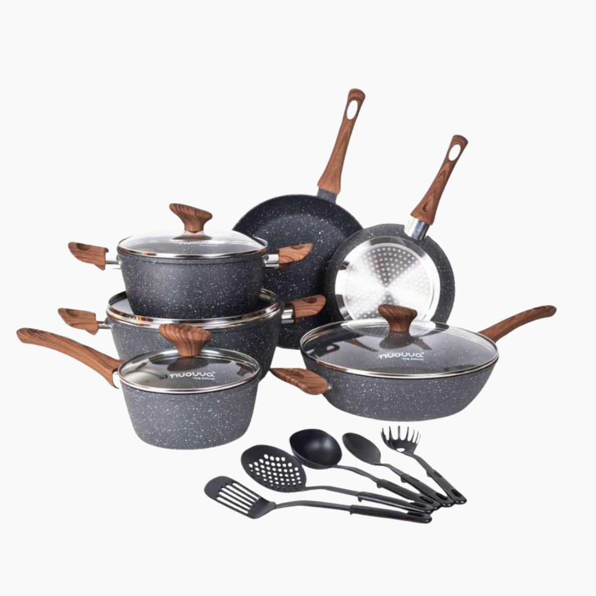 Grey Granite induction cookware set of pots, pans and utensils including granite saucepans with lids, woks and more. 