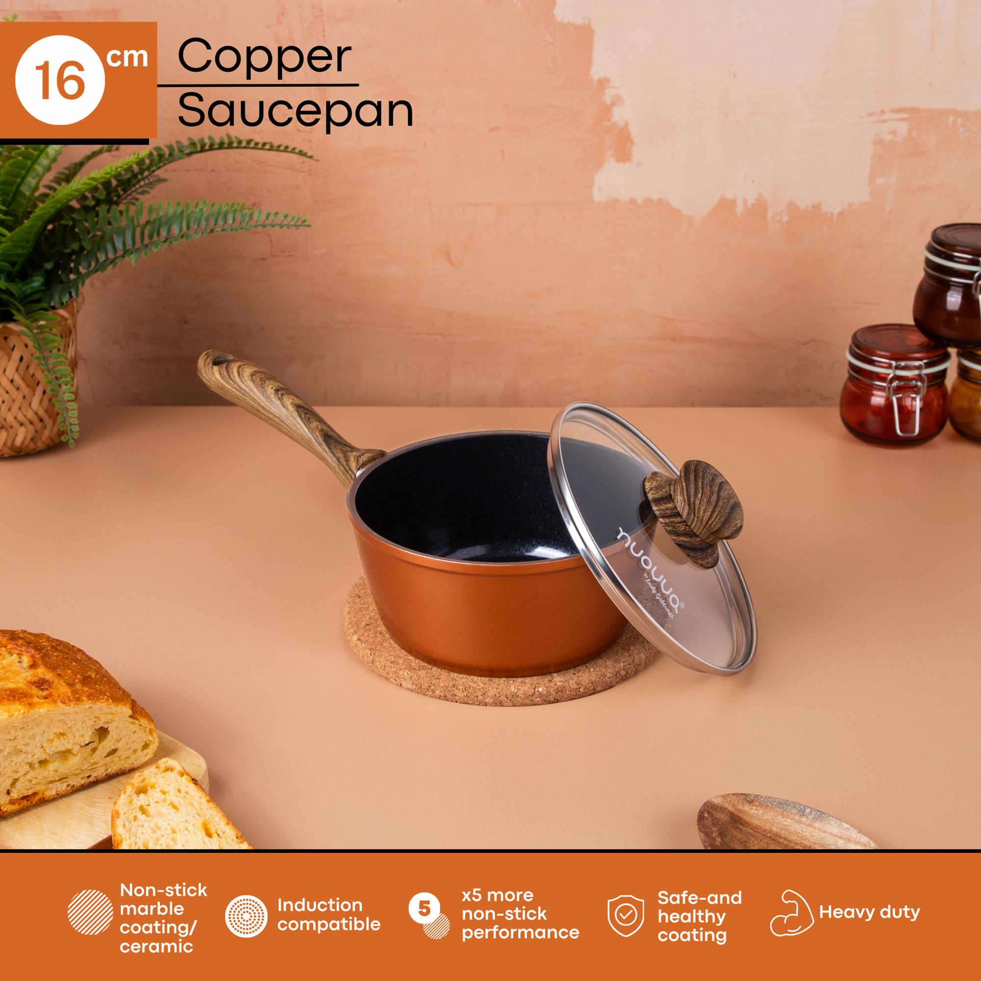 16cm copper saucepan with non-stick marble coating, induction compatible and heavy duty performance