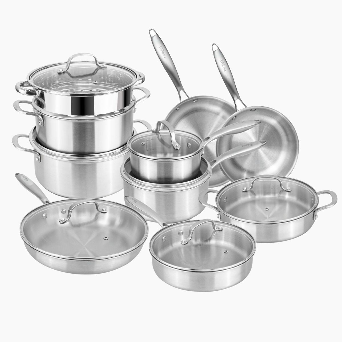 17pcs stainless steel cookware set includes saucepans, frying pans, stock pots and more. 