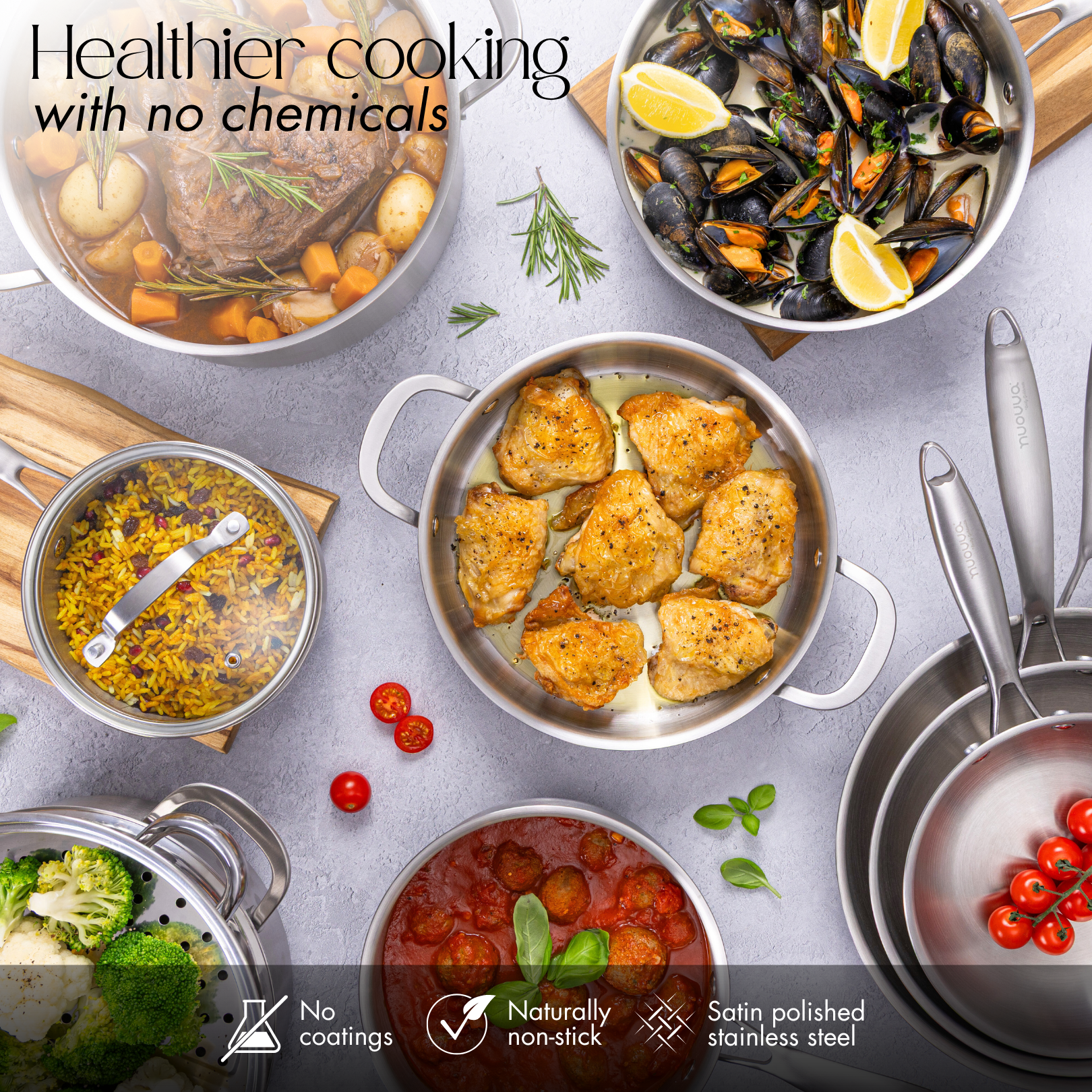 Cook healthier with stainless steel non-stick pots and pans. 