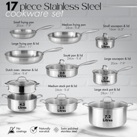 17pcs stainless steel cookware set includes 3x frying pans, 2x saucpans with lid,, saute pan with lid,  Dutch oven, steam with lid and 2 x stock pots with lids. 