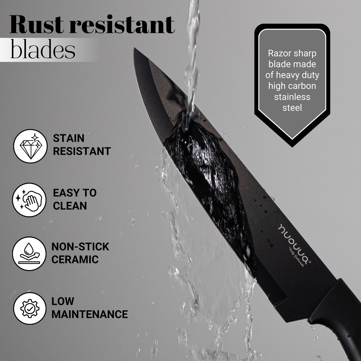 Razor sharp stainless steel kitchen knife with rust resistant blade is easy to clean and stain resistant for low maintenance care.