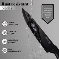 Razor sharp stainless steel kitchen knife with rust resistant blade is easy to clean and stain resistant for low maintenance care.
