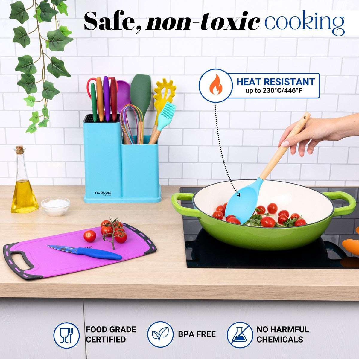 Non-toxic kitchen utensils are heat resistant, BPA free and with no harmful chemicals and food grade certified